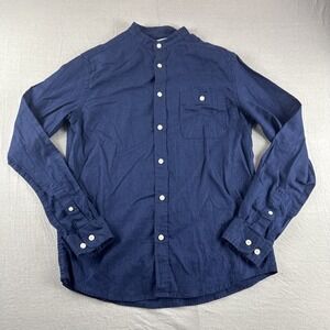 Goodfellow Linen Blend Shirt Men S Blue Band Collar Long Sleeve Button Up Preppy